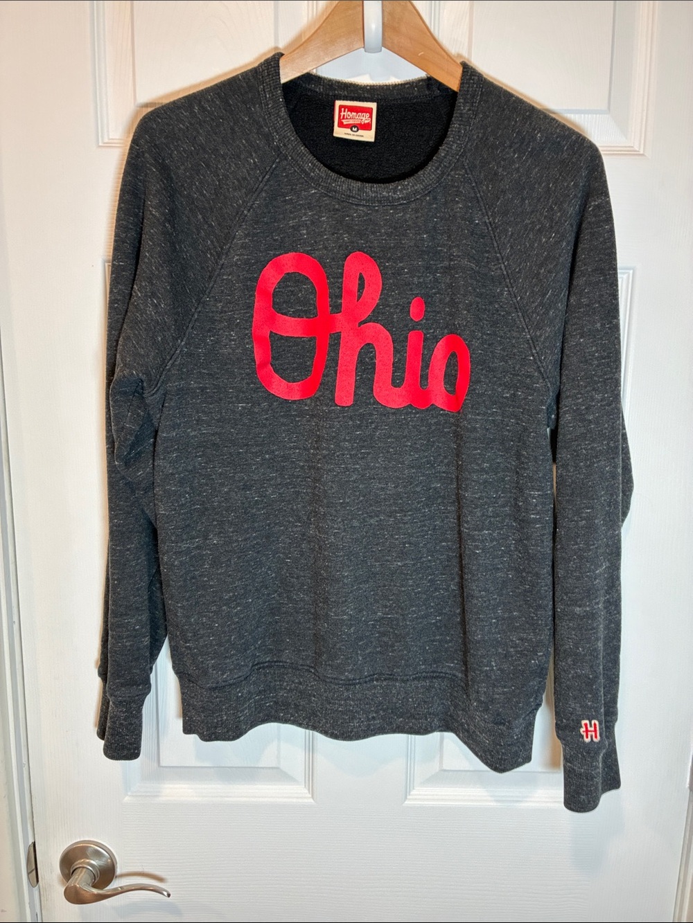 HOMAGE Charcoal Heather Crewneck Sweatshirt with Red Ohio Script